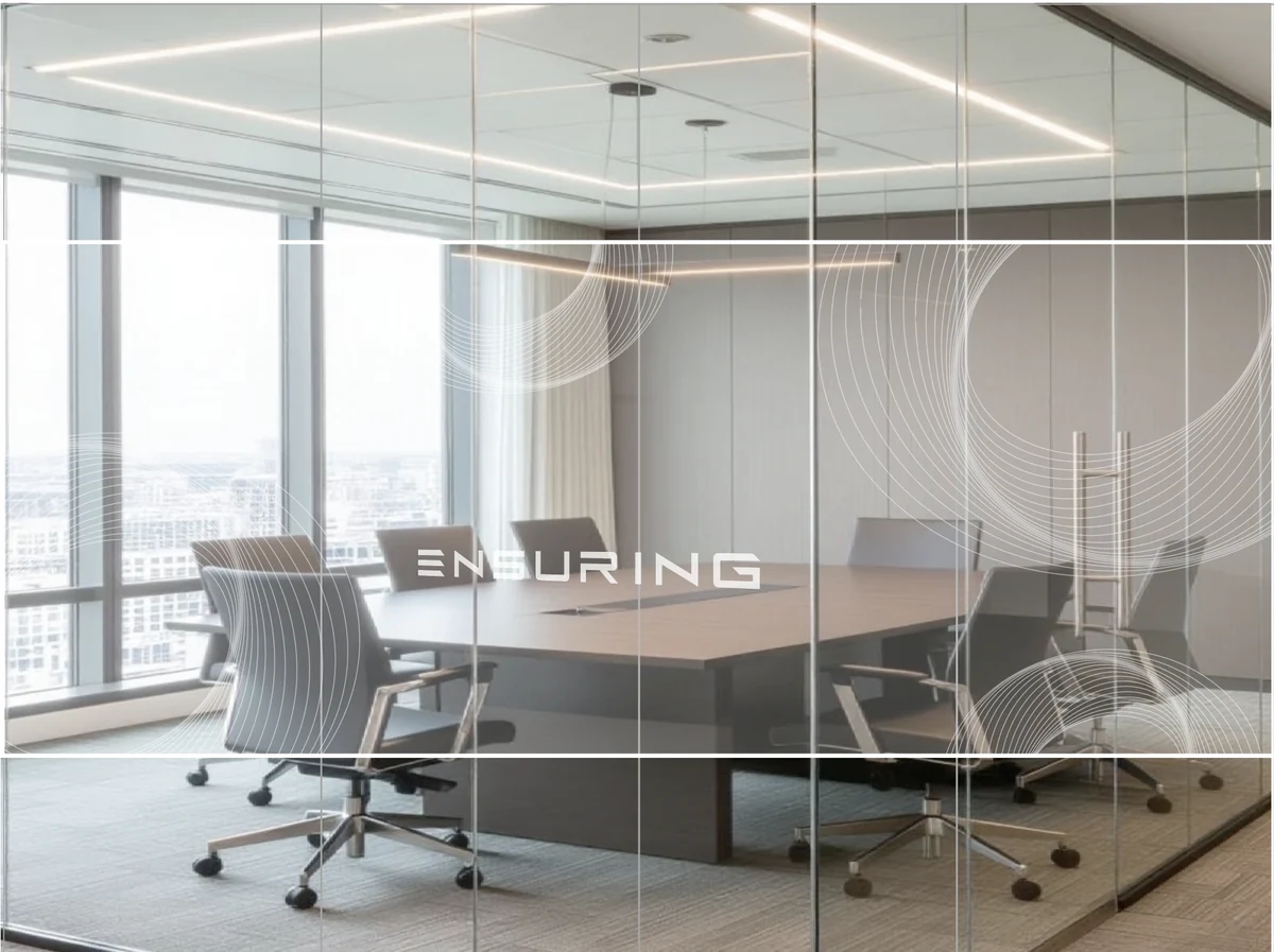 Ensuring's office, with the ENSURING wordmark and signature curves on a glass meeting room